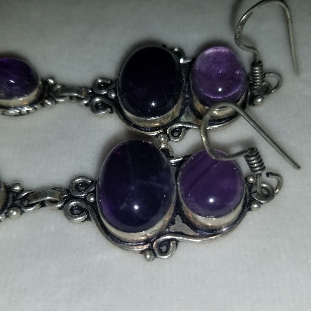 3 Tiered Amethyst Stone Pierced Earrings - Picture 4 of 9